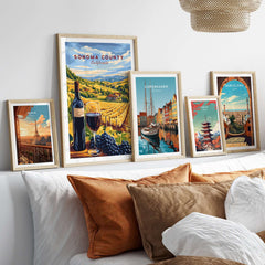 Sonoma Winery Scene Poster - California Travel Print - Wine Wall Decor displayed in a cozy home setting with other travel prints.