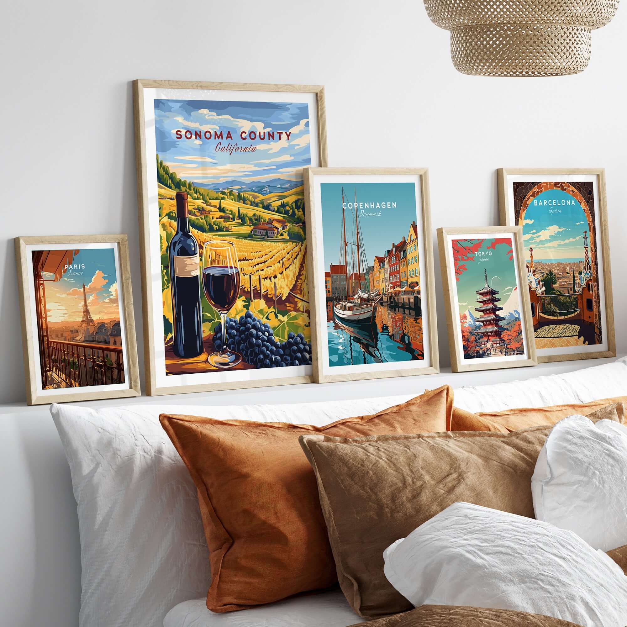 Sonoma Winery Scene Poster - California Travel Print - Wine Wall Decor displayed in a cozy home setting with other travel prints.