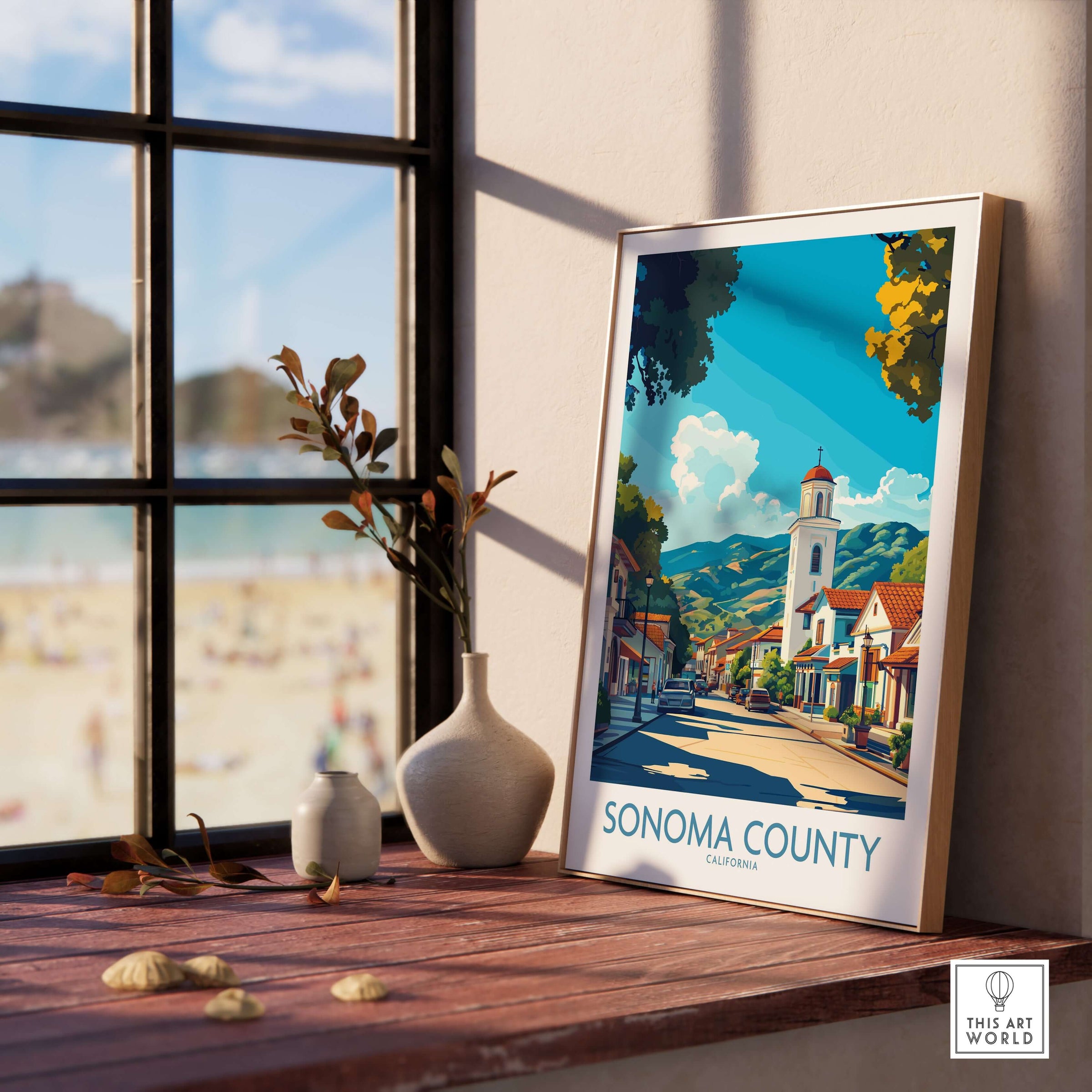 Sonoma Town Poster - California Travel Print - Wall Art displayed in a sunny interior with decorative vases.