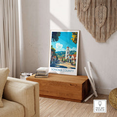 Sonoma Town Poster - California Travel Print - Wall Art displayed in a cozy living room setting.