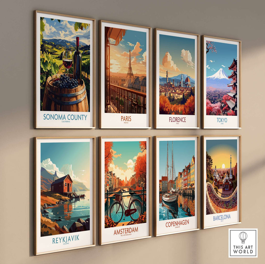 Gallery of travel posters featuring Sonoma County, Paris, Florence, Tokyo, Reykjavik, Amsterdam, Copenhagen, and Barcelona.
