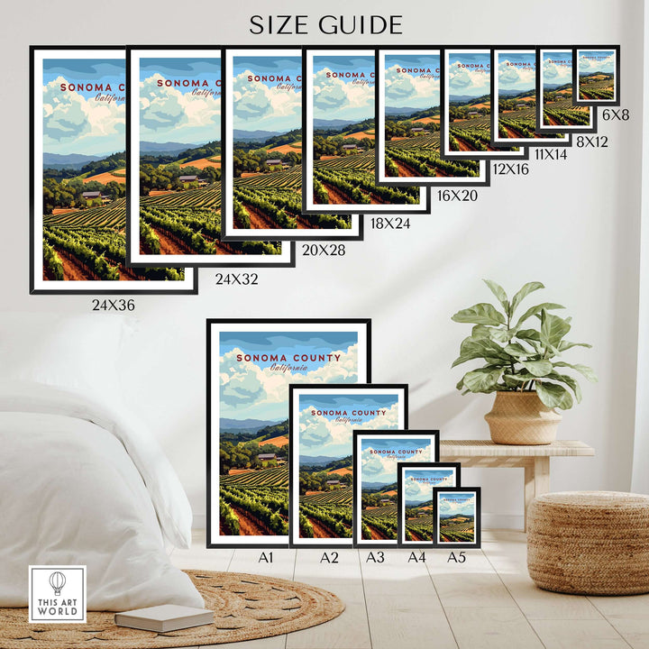 Size guide for Sonoma County Vineyard art print in various frame sizes for home decor.