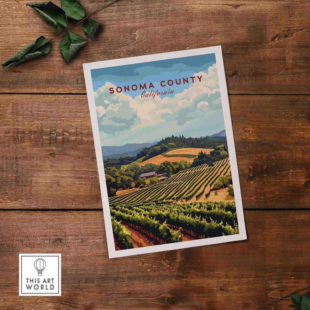 Sonoma County vineyard art print showcasing a scenic wine farm in California's countryside.