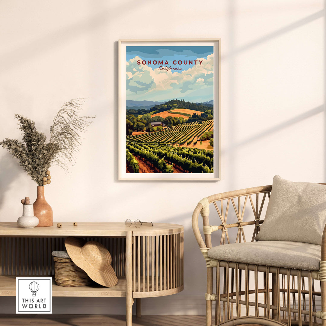 Sonoma County vineyard art print in a stylish decor setting showcasing wine farm landscape and rustic charm.
