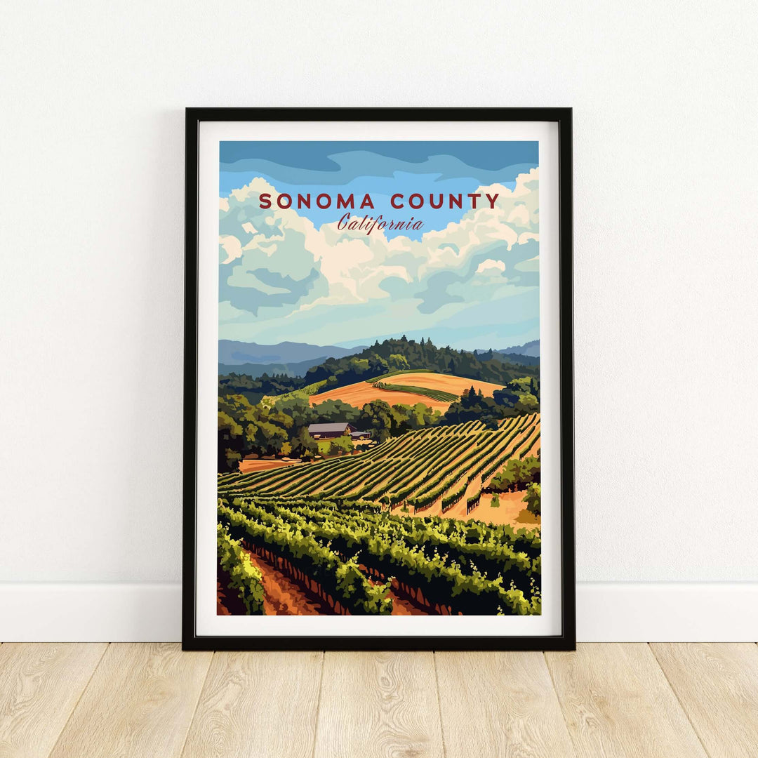 Sonoma County vineyard art print showcasing lush green fields and scenic hills in California, perfect for wine lovers.