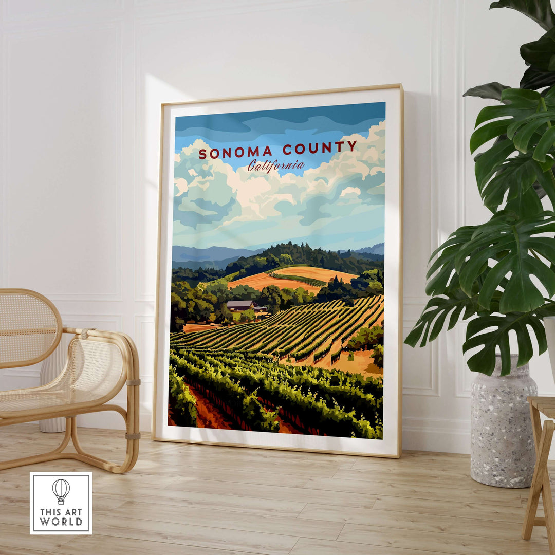 Sonoma County vineyard art print in a stylish home setting, showcasing California's wine country landscape.