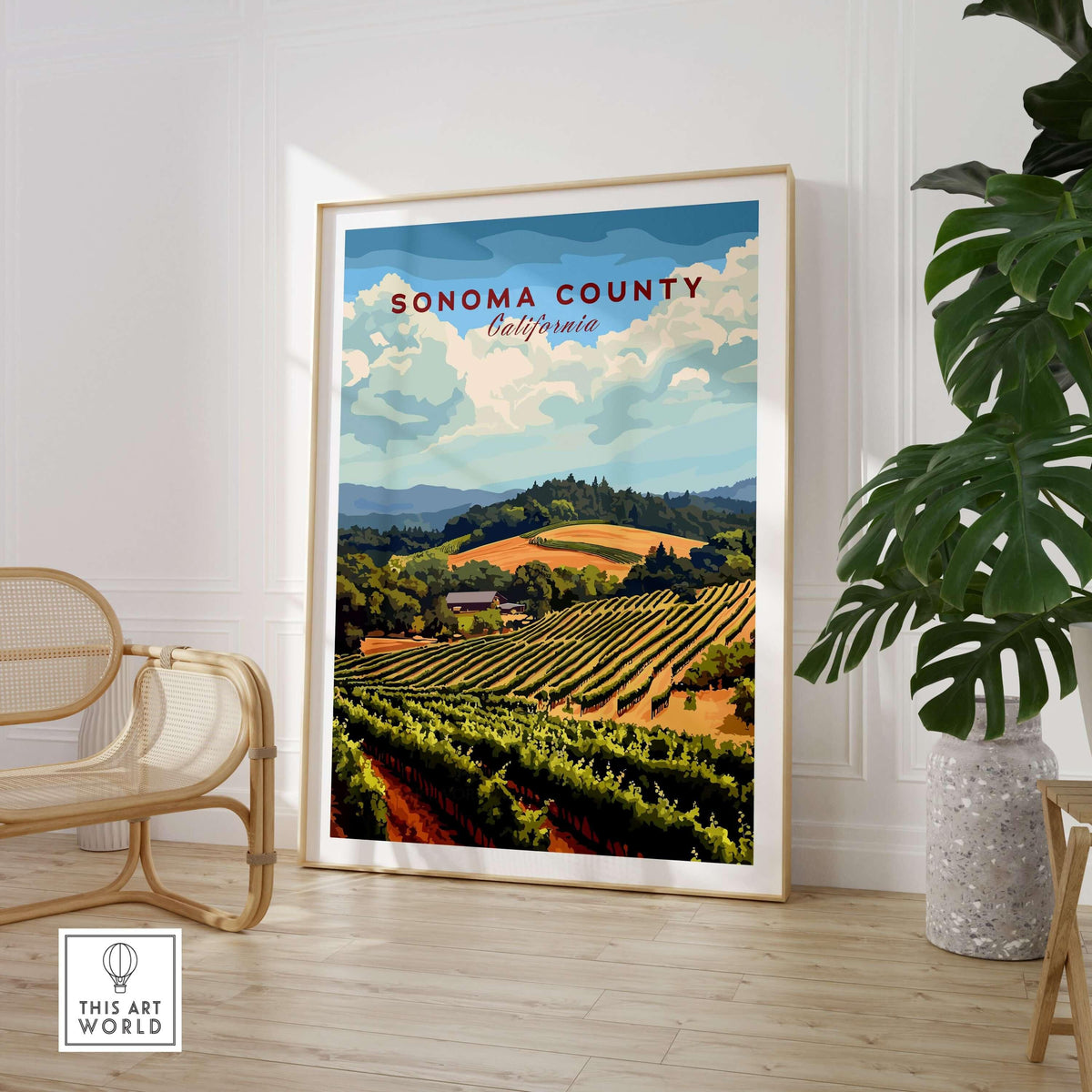 Sonoma County Vineyard Art Print - Wine Farm Poster - California Travel Decor showcasing picturesque vineyard scene.