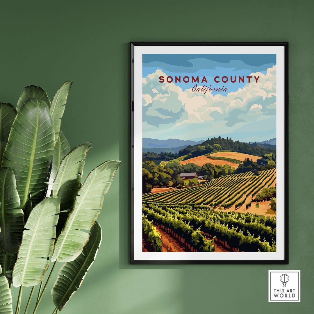 Sonoma County vineyard art print showcasing lush grapevines and scenic hills, perfect for wine lovers' decor.