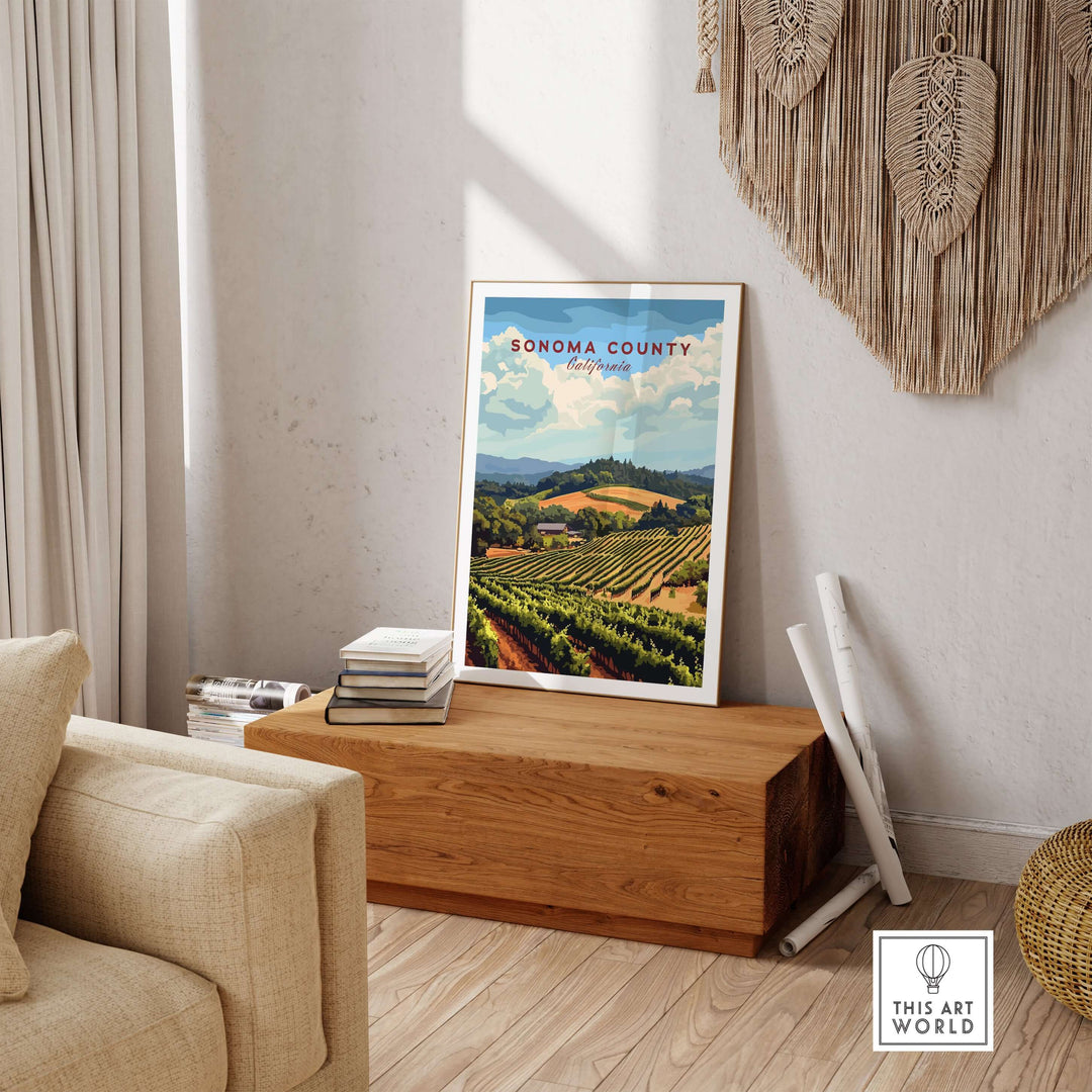 Sonoma County vineyard art print displayed in a cozy living room, showcasing scenic wine country decor.