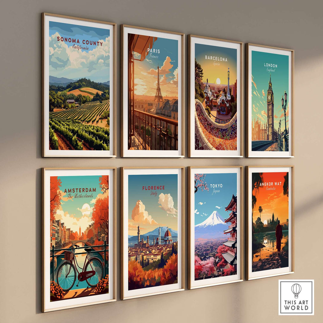 Gallery of travel posters including Sonoma County, Paris, and Tokyo, showcasing scenic landscapes and cultural landmarks.