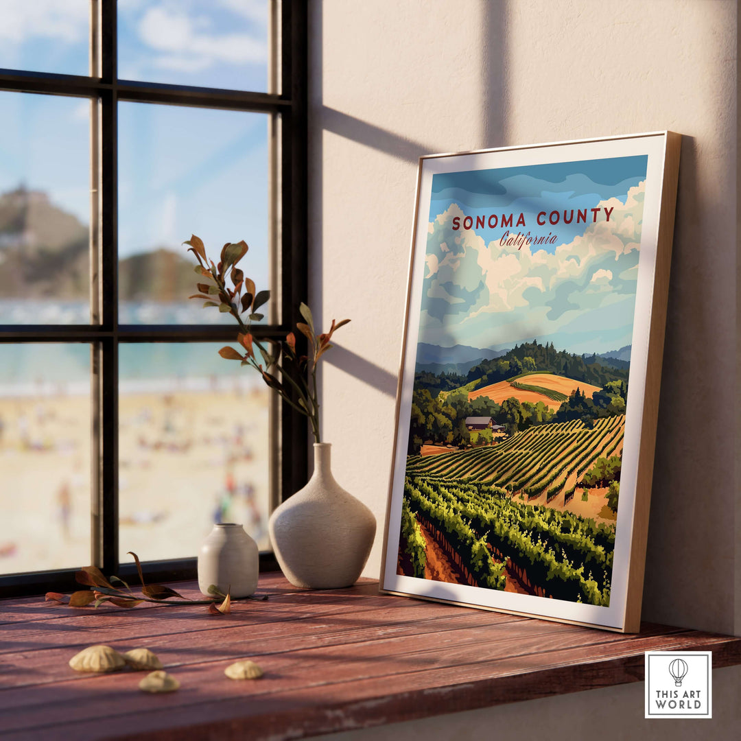 Sonoma County vineyard art print displayed indoors, showcasing a scenic California wine farm landscape.