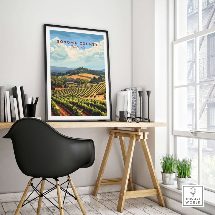 Sonoma County vineyard art print on wall, showcasing California wine farm scenery in a stylish home office.