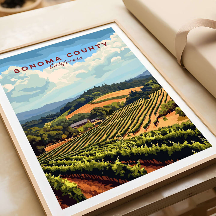 Sonoma County vineyard art print showcasing scenic wine farm landscape in California.