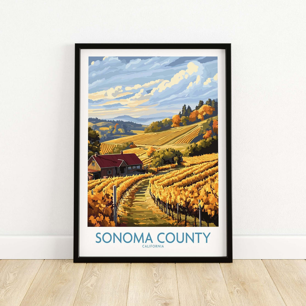 Sonoma Vineyard Farmhouse Poster showcasing golden autumn vineyards in California with a rustic farmhouse.