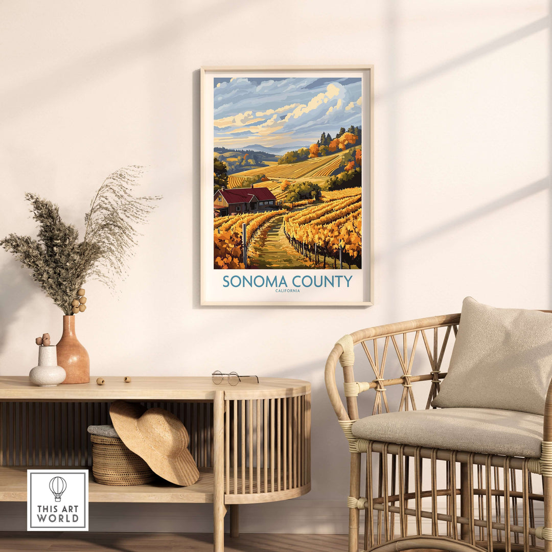 Sonoma County vintage poster featuring vineyards and red farmhouse in autumn colors inside a cozy room.