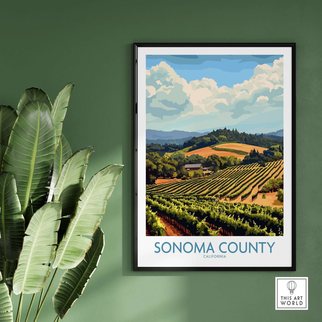 Sonoma County vineyard landscape poster featuring rolling hills and lush vineyards, framed wall art for wine lovers.