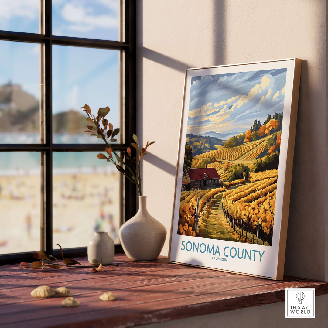 Sonoma County farmhouse poster showcasing golden vineyards and autumn scenery against a bright window backdrop.