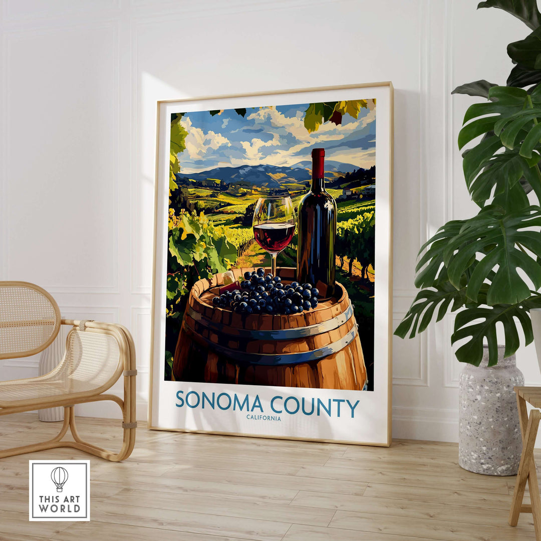 Sonoma County poster showcasing vineyards, wine bottle, and glass, perfect for wine enthusiasts and home decor.