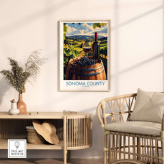 Sonoma Vineyard Poster - California Wine Country Travel Print - Winery Wall Art displayed in a cozy room with wine and barrel.