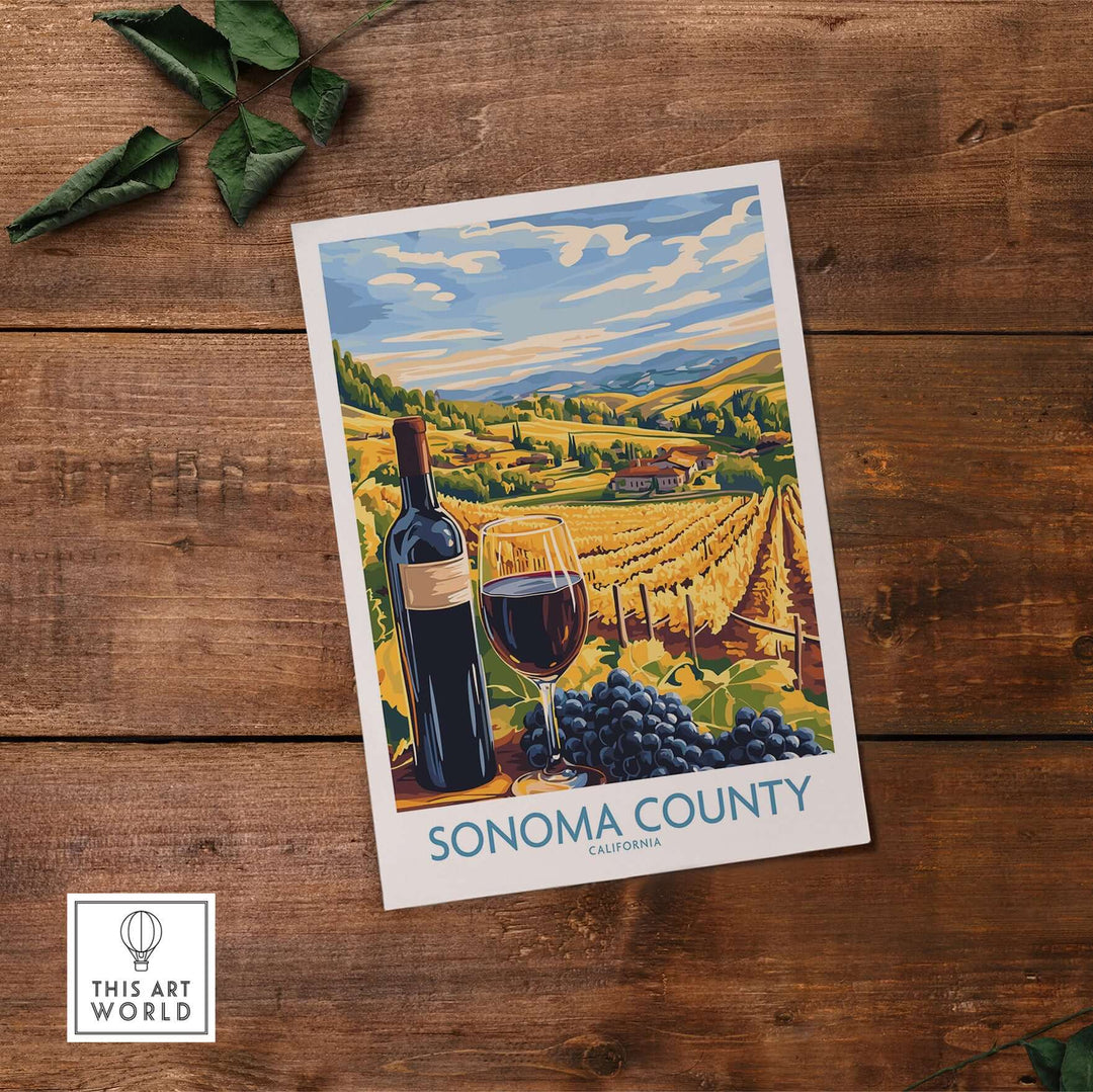 Sonoma County vineyard poster featuring wine, grapes, and rolling hills in a vibrant California landscape.