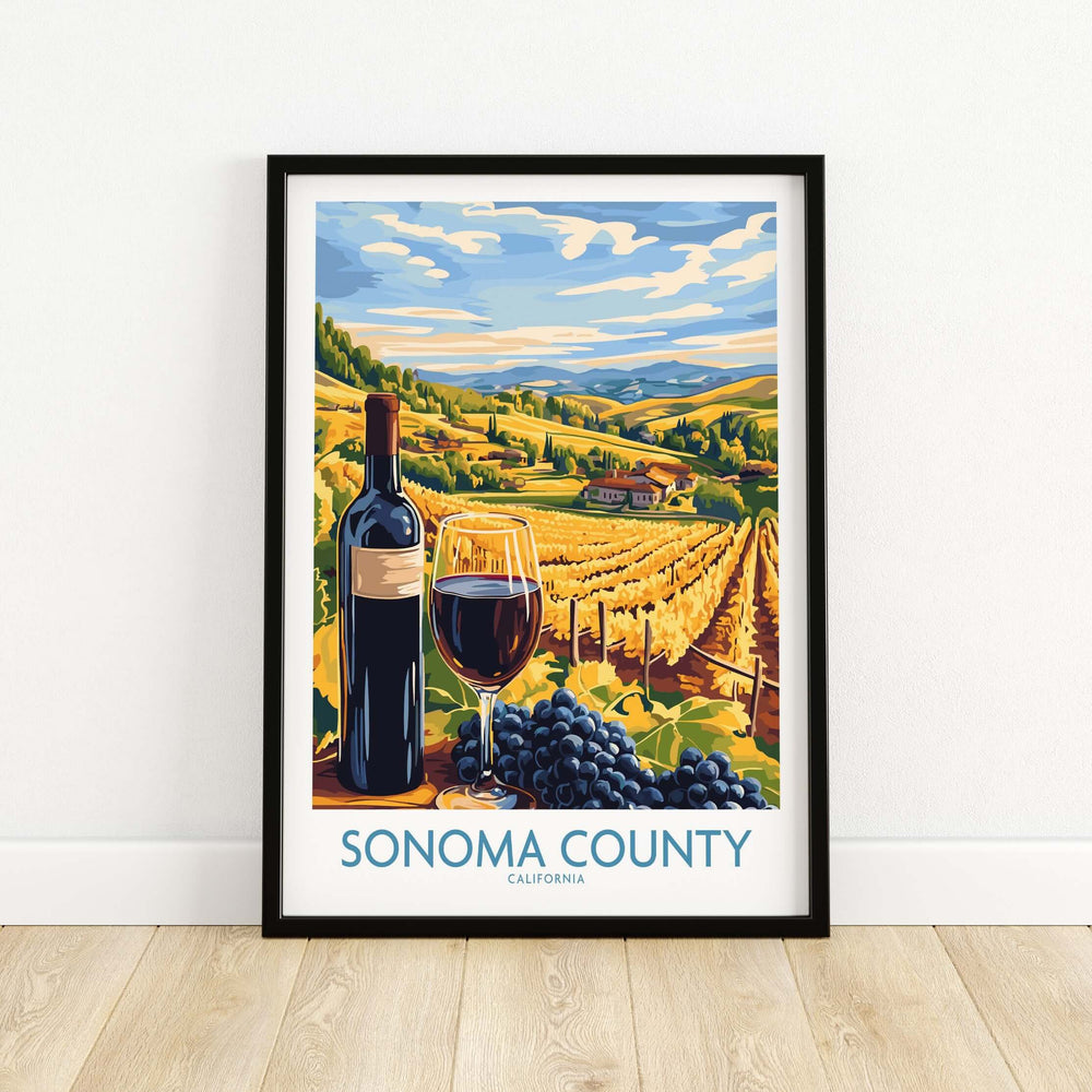 Sonoma County vineyard sunset poster featuring wine, grapes, and rolling hills in vibrant colors.