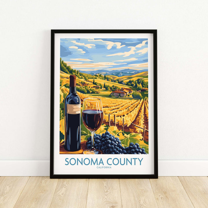 Sonoma County vineyard sunset poster featuring wine, grapes, and rolling hills in vibrant colors.