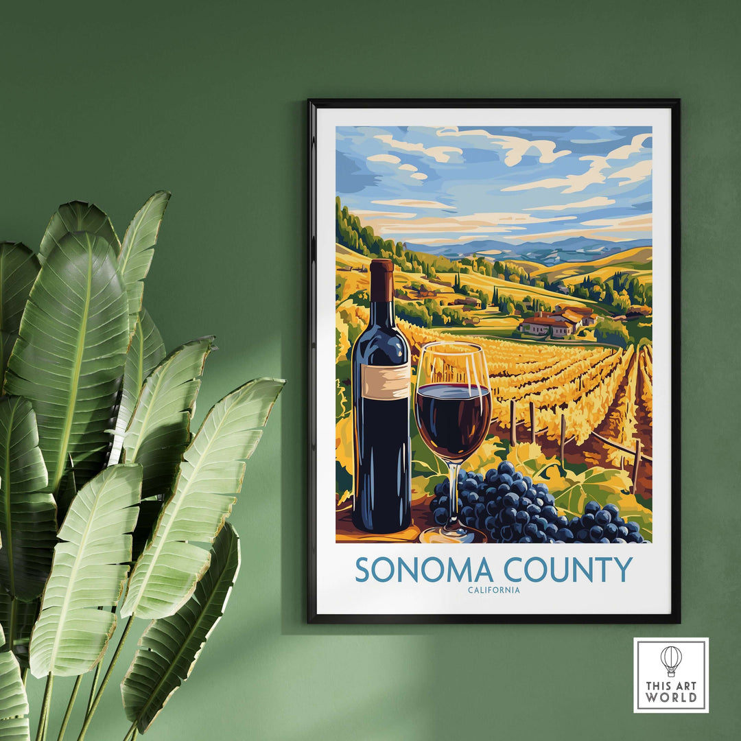 Sonoma County vineyard sunset poster featuring a wine bottle and glass with rolling hills and grapevines, perfect wall art.