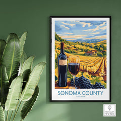 Sonoma County Vineyard Sunset Poster - California Art Print - Countryside Wall Art showcasing a vineyard with wine and grapes.