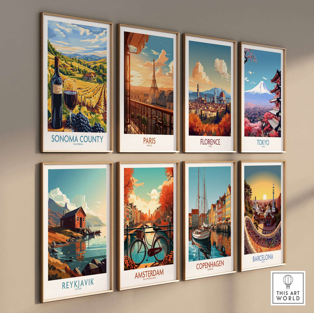Gallery of travel art prints featuring Sonoma County, Paris, Florence, Tokyo, Reykjavik, Amsterdam, Copenhagen, and Barcelona.