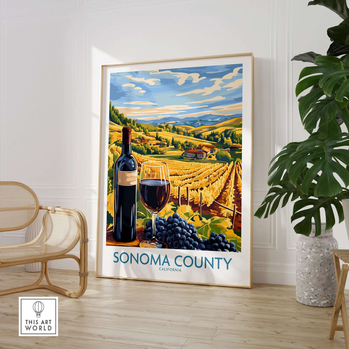 Sonoma County sunset vineyard art print featuring a bottle of wine and glass, capturing California's wine country charm.