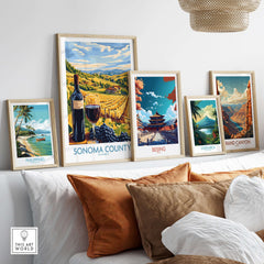 Sonoma County Vineyard Sunset Poster - California Art Print - Countryside Wall Art displayed with other travel posters.