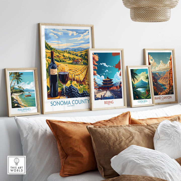 Sonoma County Vineyard sunset poster displayed with other travel art prints on a stylish wall.