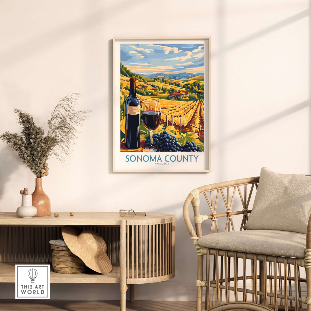 Sonoma County vineyard sunset poster featuring wine and grapes, ideal countryside wall art for California lovers.