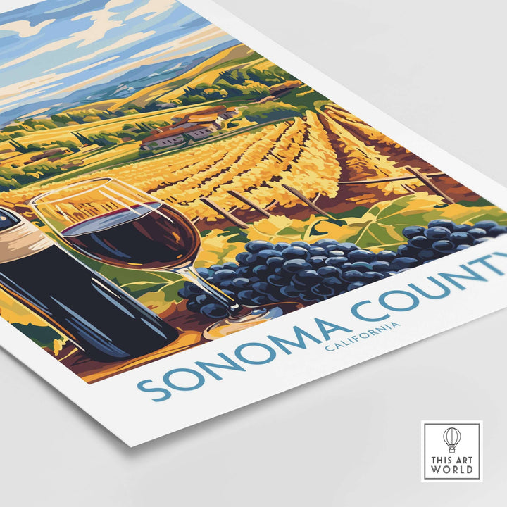 Sonoma County Vineyard Sunset Poster featuring wine, grapes, and scenic countryside landscape in warm colors.