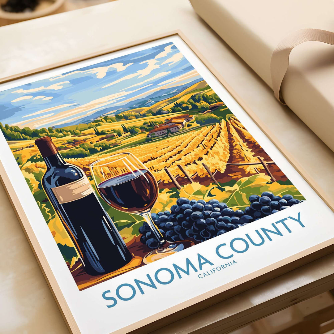 Sonoma County vineyard sunset art print featuring wine, grapes, and a scenic landscape of California's countryside.