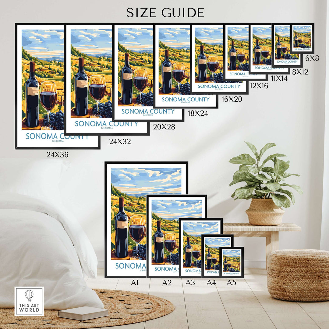 Size guide for Sonoma County vineyard sunset poster art print with various frame sizes and a cozy interior setting.