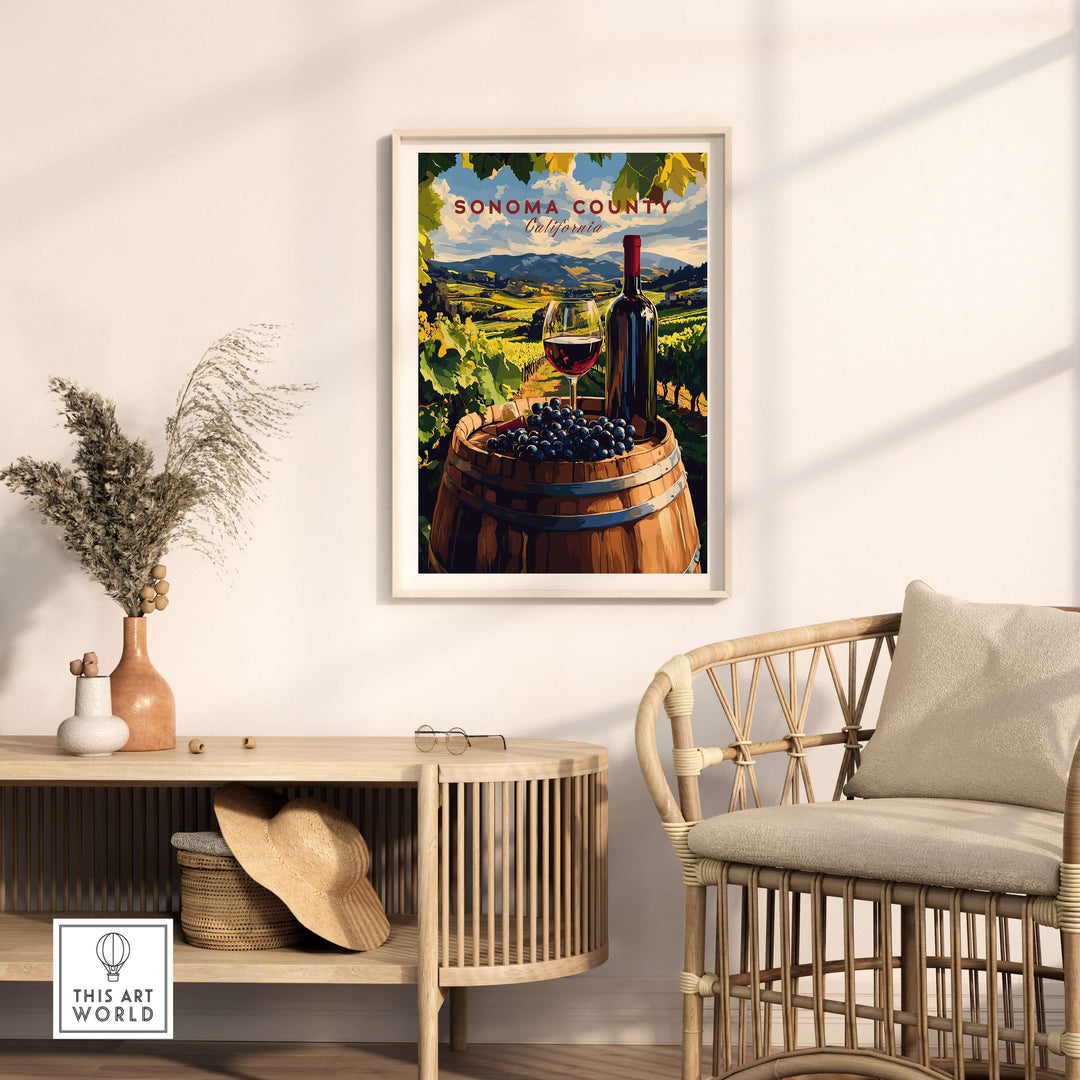 Sonoma Valley art print featuring wine bottle and glass on a barrel with picturesque vineyard backdrop.
