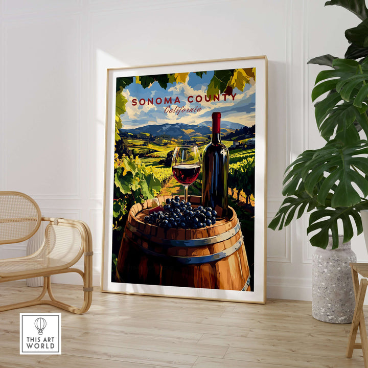 Sonoma County art print featuring a wine bottle, glass, and grapes in a vineyard landscape decor.
