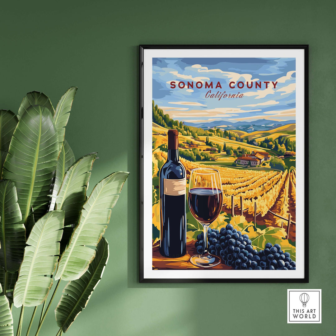 Sonoma County vineyard poster featuring wine bottle and glass with grapes, ideal for wine decor lovers.