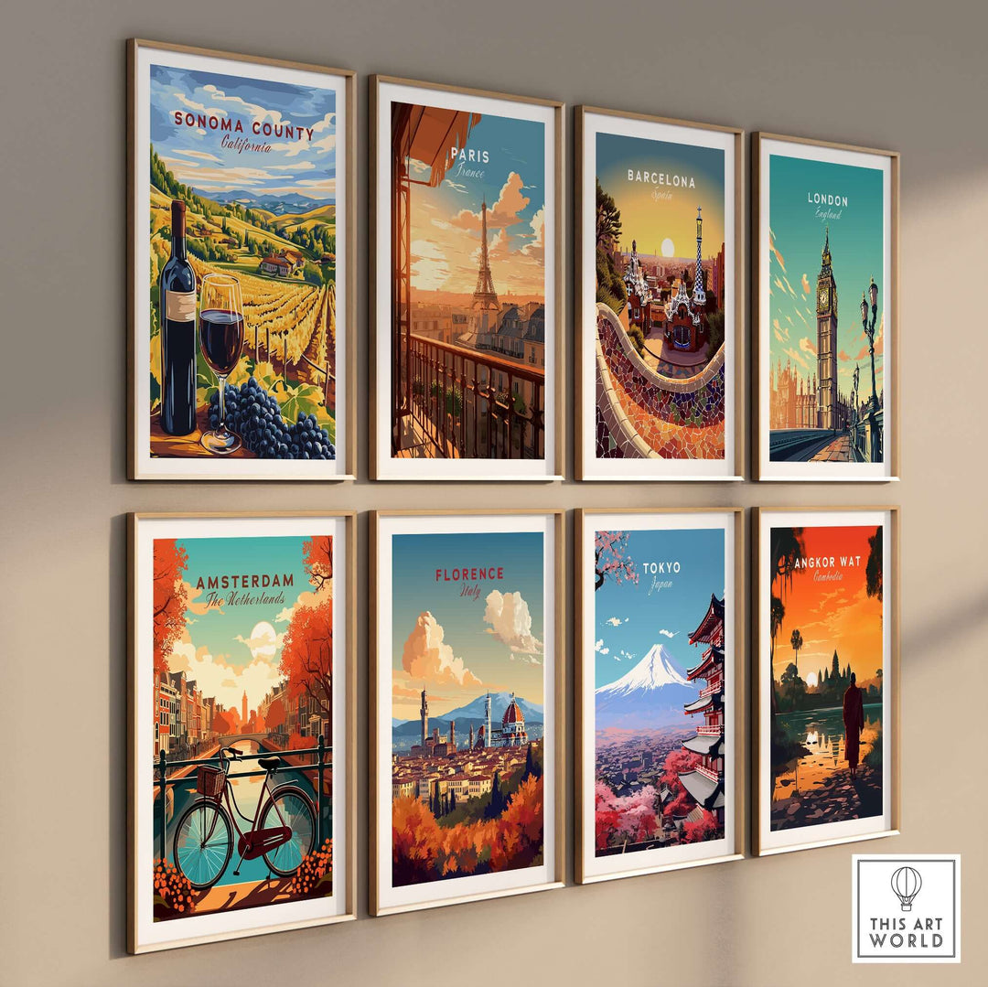 Sonoma Winery Scene and iconic city travel posters on a wall, showcasing wine and global destinations.