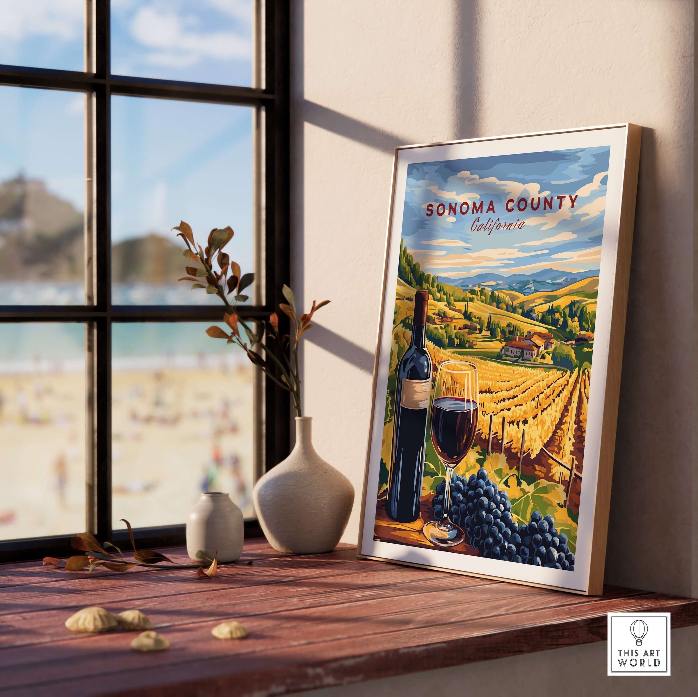 Sonoma Winery Scene Poster - California Travel Print - Wine Wall Decor featuring a vineyard landscape with a wine bottle and glass.