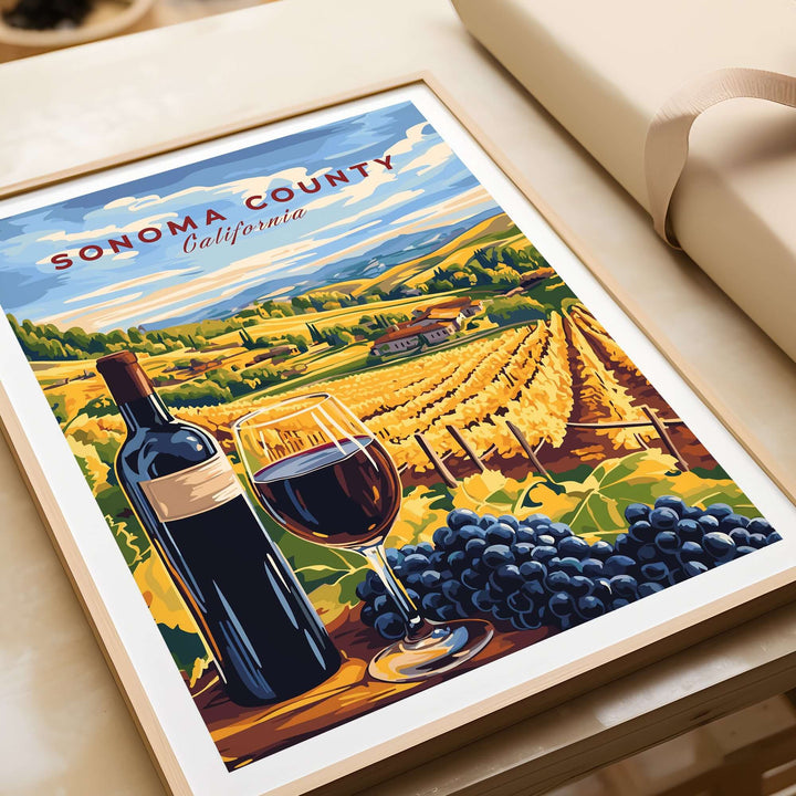 Sonoma County winery poster featuring vineyards, a wine bottle, and a glass of red wine, ideal for wall decor.