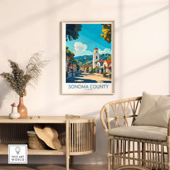 Sonoma Town Poster - California Travel Print - Wall Art in a cozy living room setting with a stylish armchair.