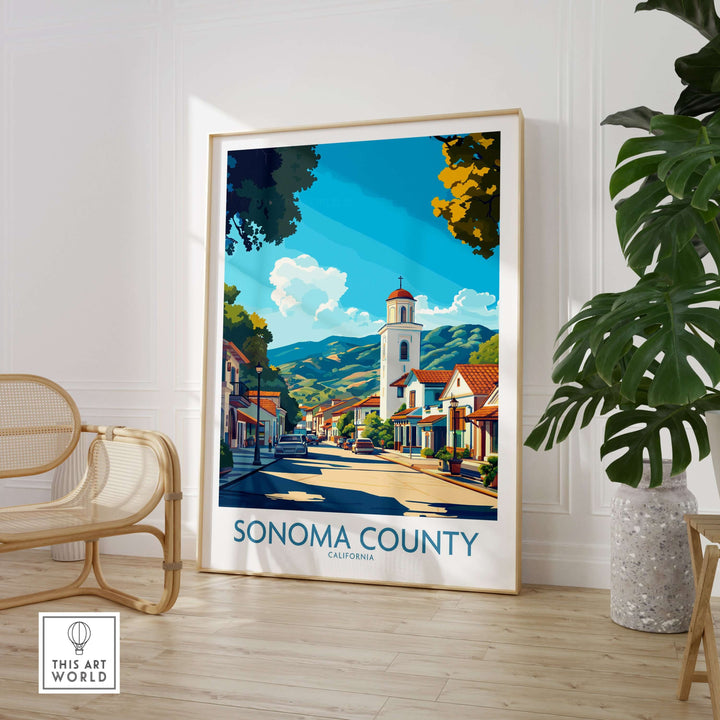 Sonoma County California travel poster showcasing scenic streets and vibrant landscapes, perfect for wall art decor.