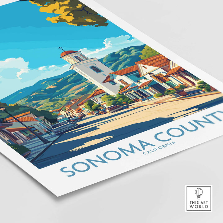 Sonoma Town poster featuring scenic streets and mountains, capturing California's wine country charm.