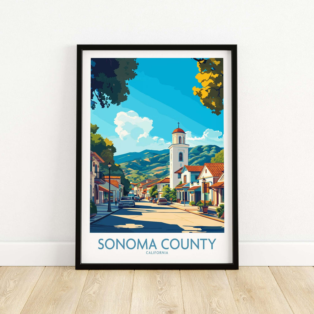 Sonoma County poster featuring scenic streets and mountains, ideal wall art for travel lovers.