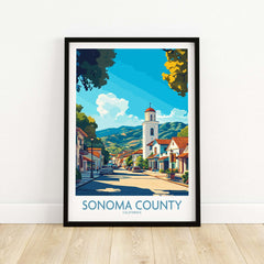 Sonoma Town Poster - California Travel Print - Wall Art featuring Sonoma County's serene streets and mountains.