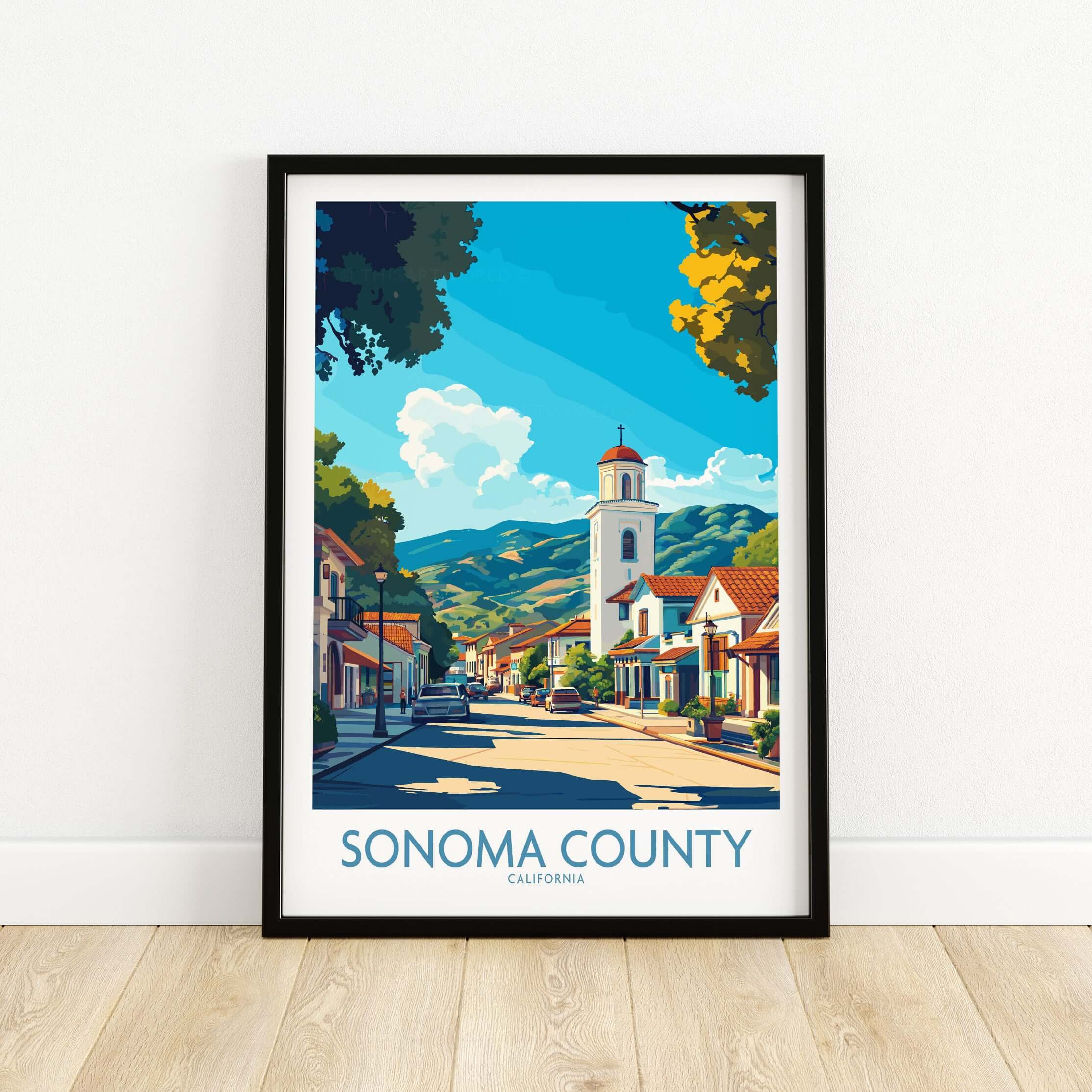 Sonoma Town Poster - California Travel Print - Wall Art featuring Sonoma County's serene streets and mountains.