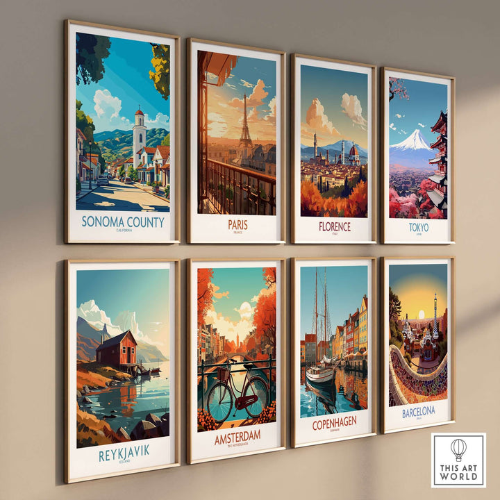 Collection of travel posters featuring Sonoma County, Paris, Florence, Tokyo, Reykjavik, Amsterdam, Copenhagen, and Barcelona.