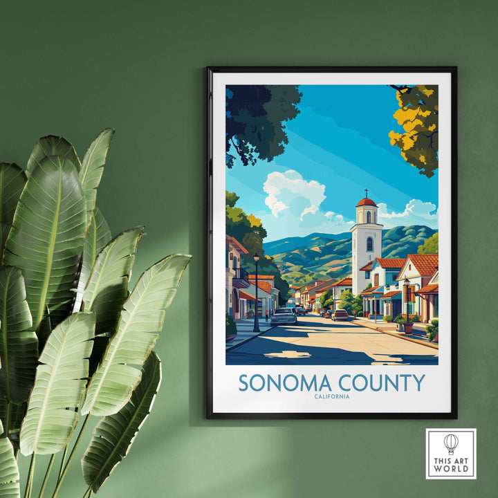 Sonoma County travel poster featuring scenic streets and mountains, perfect wall art for California lovers.